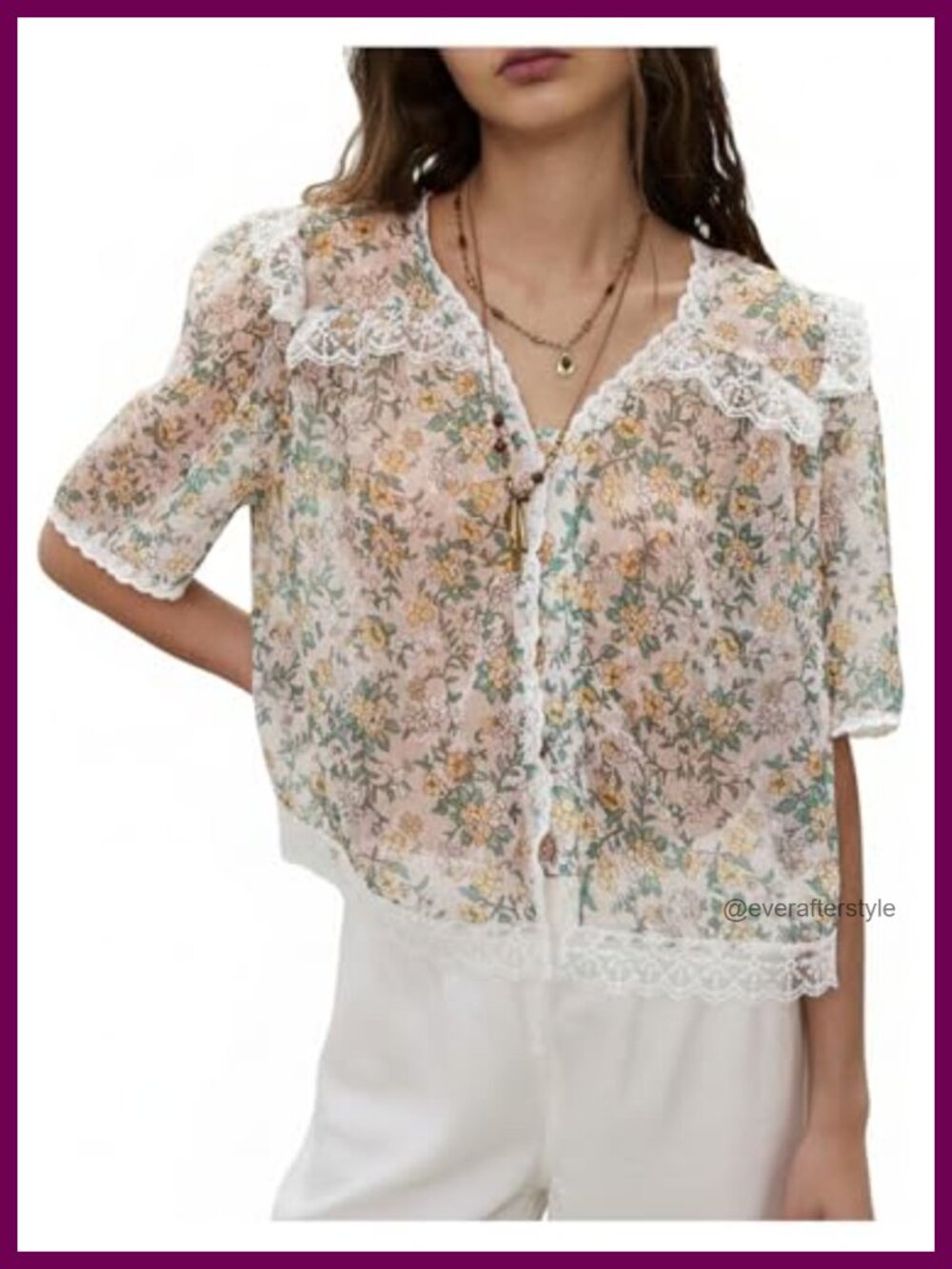Sheer Floral Lace Trim Button Down Ruffle Blouse Women